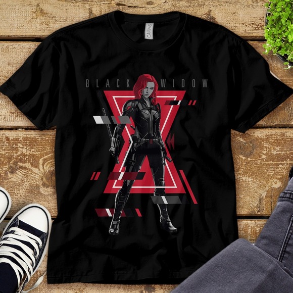Marvel Black Widow Logo Glitch Portrait Graphic Unisex Tee Adult T-shirt - Picture 1 of 2
